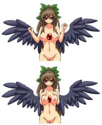 bow breast_squeeze breasts brown_hair curvy enoko_(zqfebi) eyes ga_no_kitsune highres long_hair nipples nude pubic_hair red_eyes touhou tsurime utsuho_reiuji wings