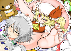 barefoot blonde_hair braid clawed_feet clawed_toes doll feet flandre_scarlet foot_fetish foot_focus hat pinched_toes ponytail red_eyes sakuya_izayoi short_hair side_ponytail silver_hair soles stuffed_animal stuffed_toy the_embodiment_of_scarlet_devil tied_hair toes touhou twin_braids wings wink yassy