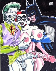 1girls 2009 2boys batman batman_(series) big_breasts big_penis breasts dc dc_comics female fondling_breast fondling_penis harley_quinn harley_quinn_(classic) huge_cock male mmf_threesome multiple_boys nipples penis pubic_hair rob_durham straight tagme tanline the_joker threesome