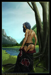 akatsuki_(naruto) ass back bare_shoulders black_panties black_thighhighs blue_hair breasts cedric_humbert female flower from_behind garter_belt highres jewelry konan leaves legs looking_back naruto nature outdoors outside panties ring short_hair sideboob solo standing thighhighs thighs topless tree undressing water