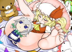 barefoot blonde_hair blue_eyes braid doll feet flandre_scarlet foot_fetish foot_focus hat ponytail sakuya_izayoi short_hair side_ponytail silver_hair soles stuffed_animal stuffed_toy tied_hair toes touhou twin_braids wings yassy