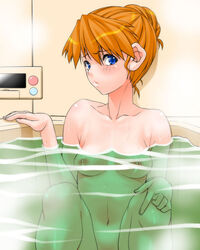 asuka_langley_sohryu bath blue_eyes blush breasts embarrassed medium_breasts neon_genesis_evangelion nipples nude orange_hair shinama water wet