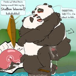 2021 2boys anthro ari_guardian balls black_body black_fur blush carrying closed_eyes comic dreamworks duo english_text erection father father_and_child father_and_son foreskin fur genitals giant_panda glans hi_res incest kung_fu_panda li_shan_(kung_fu_panda) male male/male mammal master_po_ping overweight overweight_male parent parent_and_child partially_retracted_foreskin penis son text uncut ursid white_body white_fur yaoi