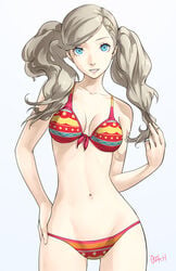 1girls ann_takamaki atlus bikini bikini_bottom bikini_top blonde_hair blue_eyes breasts female female_only hand_on_hip light-skinned_female light_skin lipstick long_hair looking_at_viewer medium_breasts ozkh ozkh6 persona persona_5 simple_background solo solo_female twintails white_background