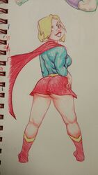 1girls ass back_view big_ass blonde blonde_hair blue_eyes boots dc dc_comics dc_super_hero_girls female female_only hand-drawn hatebit kara_danvers kara_zor-el muscular_female rear_view short_skirt sketch skirt solo solo_female supergirl superhero_costume superheroine