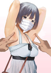 armpit_spread armpits arms_up blush breasts brown_eyes female mole mouth_mask non-nude original presenting_armpit short_hair silver_hair solo_focus spread_armpit urasuji_samurai