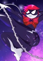 1girls bodysuit breasts cameltoe cosplay costume ellie_rose female henry_stickmin_(game) marvel mask nobytes_(artist) red_hair smiling solo spider-girl_(cosplay) spider-man spider-man_(cosplay) spider-man_(series) spider_web stickman straight_hair superheroine tagme thick_thighs