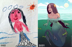 1980s 1985 1girls 2021 areola areolae art_progression balsamique crayon_(artwork) digital_media_(artwork) drawn fins humanoid mermaid mermaid_tail nipples straight_hair voluptuous water