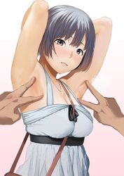 armpit_spread armpits arms_up blush breasts brown_eyes female mole non-nude original presenting_armpit short_hair silver_hair solo_focus spread_armpit urasuji_samurai