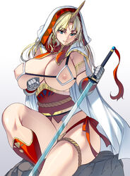 1girls areolae armor bikini bikini_armor blue_eyes cape cleavage corset curvy fangs female gauntlets highres hood horns huge_breasts long_hair looking_at_viewer masao nipples oni original sitting smile solo swimsuit sword weapon wide_hips