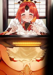 1boy absurdres apron benienma_(fate) benienma_(fate/grand_order) blush brown_headwear brown_kimono censored closed_eyes demon_girl endure_to_moan endured_face eyebrows_visible_through_hair fate/grand_order fate_(series) female happy_sex highres holding_back_moans indoors japanese_clothes ken_(coffee_michikusa) kimono kotatsu no_panties penis pussy_juice red_hair reverse_upright_straddle sex sitting_on_lap stealth_sex table vaginal_penetration wavy_mouth