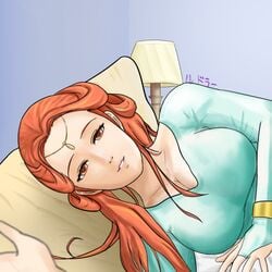 1girls ashunera_(fire_emblem) breasts cleavage fire_emblem fire_emblem:_radiant_dawn jyx3 large_breasts long_hair long_sleeves nintendo on_bed orange_eyes orange_hair reaching_out rudraksha smile solo