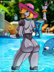 1girls android ass blue_eyes innertube kyoffie league_of_legends looking_back nude nude_female orianna parts_exposed pool_party_orianna pool_party_series robot robot_joints swimsuit water winding_key windup_key yellow_hair