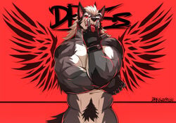 1boy absurd_res anthro biceps big_muscles canid canine canis claws clothing drks drks_(drks) eye_scar facial_scar fur genitals gloves hair handwear hi_res male male_only mammal muscular muscular_anthro muscular_male nude penis pubes red_eyes scar solo tongue tongue_out wolf