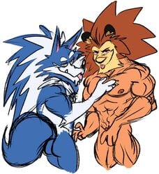 anthro ass blep blue_body blue_fur canid canine canis capcom darkstalkers duo edtertainerd felid feline fur gallon genitals jon_talbain leo_(red_earth) lion male male/male mammal muscular muscular_male pantherine penis red_earth tongue tongue_out vampire_savior video_games were werecanid werecanine werewolf wolf yaoi