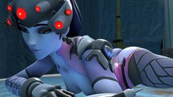 3d animated ass blue_body blue_skin breasts eyewear_on_head fart fart_fetish female fetishtrash loop lying overwatch ponytail purple_hair sound suit torn_clothes video widowmaker