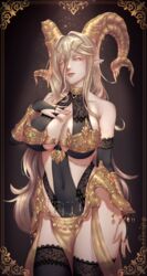 armor belly_button black_legwear blonde_hair bracelet cleavage clothed clothed_female earrings eyelashes female female_focus female_only gloves gold gold_(metal) gold_eyes gold_hair gold_jewelry hair_between_eyes hair_ornament horns jewelry kulve_taroth large_breasts long_hair monster_girl monster_hunter monster_hunter_world navel non_nude ornate_clothing pointed_ears ring sideboob sleipnir solo underboob very_long_hair yellow_eyes