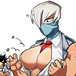 artist_request big_breasts button_pop exposed_breasts female for_a_head fumikage_tokoyami genderswap_(mtf) mezo_shoji mezou_shouji my_hero_academia nipple_slip no_bra rule_63 shouji_mezou tokoyami_fumikage very_short_hair