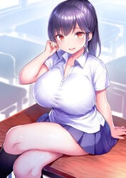 blue_hair blue_skirt curvy female huge_breasts indoor long_hair looking_at_viewer miniskirt open_mouth original original_character pleated_skirt ponytail school_uniform schoolgirl sitting skirt smiling socks thick_thighs tsukumiya_amane yellow_eyes