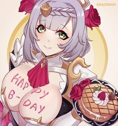 big_breasts birthday blush body_writing breastplate breasts cake cleavage draltruist english_text female food genshin_impact green_eyes large_breasts looking_at_viewer maid noelle_(genshin_impact) pancake short_hair smile white_hair