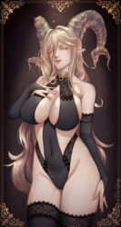 belly_button black_legwear blonde_hair cleavage earrings eyelashes female female_focus female_only gloves gold gold_eyes gold_hair hair_between_eyes horns kulve_taroth large_breasts long_hair monster_girl monster_hunter monster_hunter_world navel ornate_clothing pointed_ears sideboob underboob very_long_hair yellow_eyes