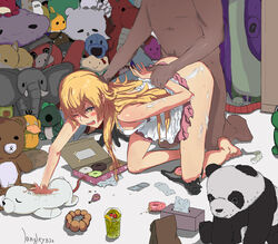 1boy 1girls arms_behind_back bakemonogatari blonde_hair blush candy condom crossover cum cum_on_body dark-skinned_male dark_skin doggy_style donut dress female from_behind from_behind_position goomba interracial juice langley820 male mario_(series) messy monogatari_(series) nintendo oshino_shinobu panties panties_around_leg pokemon psyduck rilakkuma rilakkuma_(series) san-x sex skirt_lift smile teddy_bear text tissue toys used_condom vampire watermark yellow_eyes