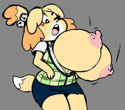 2018 alternate_version_available angstrom animal_crossing anthro areola beige_fur big_breasts big_head big_nipples biped black_eyes blue_skirt bottomwear breasts bursting_breasts canid canine canis cat_bell checkered_shirt clothed clothing cropped_legs digital_media_(artwork) dipstick_tail dog dog_girl domestic_dog exposed_breasts female female_focus female_only green_shirt grey_background huge_breasts hyper hyper_breasts isabelle_(animal_crossing) mammal miniskirt monochrome neoteny nintendo nipples no_humans one_eye_closed open_mouth pencil_skirt pink_nipples plaid_shirt puffy_nipples shih_tzu short_tail simple_background skirt small_but_busty solo startled toy_dog video_games wardrobe_malfunction yellow_fur