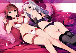 2girls amami_haruka ass bangs bare_shoulders black_gloves black_legwear blush bra breasts brown_hair clavicle cleavage elbow_gloves female garter gloves green_eyes hair_ornament hair_ribbon hairband hidebou high_resolution idolmaster idolmaster_(classic) lace-trimmed_bra lace-trimmed_panties lace_trim large_breasts large_filesize leg_garter legs long_hair looking_at_viewer lying medium_breasts multiple_girls navel on_back on_stomach open_mouth pantsu parted_lips purple_bra purple_eyes purple_panties ribbon shijou_takane short_hair sidelocks silver_hair thighhighs thighs thong underwear very_high_resolution white_bra white_panties white_underwear