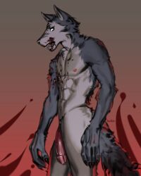 2019 abs absurd_res anthro athletic athletic_anthro athletic_male beastars blood bodily_fluids canid canine canis claws flaccid fur genitals grey_body grey_fur hi_res legoshi_(beastars) licking licking_lips licking_own_lips lushle male male_only mammal nude pecs penis portrait self_lick side_view solo standing three-quarter_portrait tongue tongue_out wolf