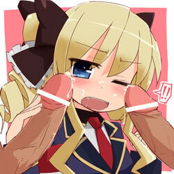 ! akechi_kokoro bangs bar_censor black_bow blonde_hair blue_eyes blue_jacket blush bow censored cum drill_hair facial female food hairbow hakuun_(m2230) jacket makizushi multiple_penises necktie oerba_yun_fang one-eyed open_mouth penis penis_on_face red_neckwear shirt sidelocks spoken_exclamation_mark surrounded_by_penises sushi tantei_opera_milky_holmes twintails white_shirt