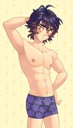 1boy black_hair blush blush_blush boxers exposed_nipples male male_focus male_only navel nipples posing sad_panda_studios solo solo_male underwear_only volks yellow_eyes