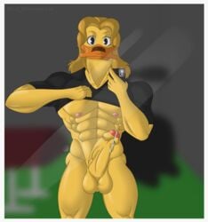 abs anatid anseriform anthro avian balls beak bird bodily_fluids bottomless clothed clothing cum digital_media_(artwork) duck erection feathers genital_fluids genitals hair hi_res klr-rio looking_at_viewer male male_focus mammal mighty_ducks mirror mirror_selfie muscular nipples nosedive_flashblade penis phone raised_clothing raised_shirt raised_topwear selfie shirt simple_background smile solo topwear vein