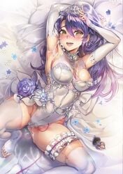 1girls armpits big_breasts breasts bride cum cum_on_armpit drugs female female_only flower heart-shaped_pupils nonaka_kurumi official_art ookuma_(nitroplus) pills purple_hair pussy_juice sexy_armpits shinmai_maou_no_testament tiara vibrator wedding_dress yellow_eyes