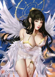 1girls angel angel_wings ariverkao bangs black_hair bracelet brown_eyes cleavage detached_sleeves dress earrings feathered_wings feathers female halo jewelry large_breasts leaning_forward long_hair looking_at_viewer original panties patreon see-through signature sky solo starry_sky wings