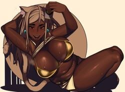 1girls breasts brown-haired_catgirl_(kevbot) catgirl cleavage dark-skinned_female dark_skin female female_only huge_breasts kevbot looking_at_viewer mature_female milf original solo sweat