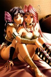 2girls black_hair character_request danger_angel long_hair red_eyes red_hair sitting unknown_artist