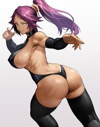 absurdres ass backless_leotard bangs bleach breasts dark-skinned_female dark_skin female gradient gradient_background highres large_breasts leotard looking_at_viewer muscular muscular_female ponytail purple_hair shihouin_yoruichi sideboob simple_background solo thighhighs thighs yellow_eyes yoshi55level