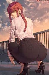 1girls 2d artist_name ass ass_focus backboob big_butt black_high_heels black_pants braid breasts butt butt_focus chainsaw_man closed_mouth clothing dat_ass eyebrows eyebrows_visible_through_hair eyelashes female female_focus female_only high_heels human human_only humanoid light-skinned_female light_skin looking_at_viewer looking_back makima_(chainsaw_man) mouth_closed office_lady outdoors pale-skinned_female pale_skin pants red_hair ringed_eyes sfw shexyo shirt sky smile solo solo_focus squatting tight_clothing tight_pants watermark white_shirt yellow_eyes