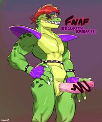 1boy 2021 anthro ass barazoku bebebebebe biceps blush bodily_fluids boner bracelet censored claws clothing crocodile crocodilian crocodylid cum cum_on_penis english_text erection eyewear fingerless_gloves five_nights_at_freddy's five_nights_at_freddy's:_security_breach genital_fluids genital_slit genitals glasses gloves green_body green_nose green_skin grey_eyes hair half-closed_eyes handwear hi_res holding_penis humanoid_genitalia humanoid_penis jewelry male male_only manly mohawk montgomery_gator_(fnaf) multicolored_body multicolored_skin muscular narrowed_eyes navel nude pecs penis pink_penis precum presenting presenting_penis presenting_slit purple_background red_hair reptile scalie sharp_claws sharp_teeth short_hair shoulder_guards simple_background slit solo spiked_bracelet spikes standing star star_glasses star_sunglasses teeth text thick_penis thick_thighs triceps vein veiny_penis video_games yellow_body yellow_skin