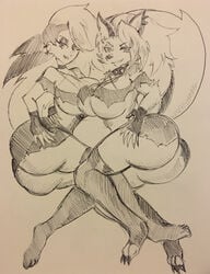 2girls anthro ass clothing duo ear_piercing eyelashes female furry goth hair half-closed_eyes hellhound helluva_boss human human_loona humanized looking_at_viewer loona_(helluva_boss) lying monochrome piercing pikapika212 sidecut traditional_media_(artwork) vivienne_medrano