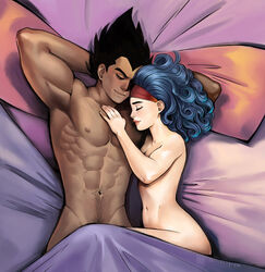 abs afro afterglow bulma_(afro) bulma_briefs cuddling dragon_ball dragon_ball_z female ghostlyjudge in_bed male muscles muscular muscular_armpits muscular_male nude romantic shounen_jump straight vegeta