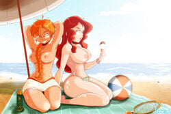 2girls armpits arms_behind_head beach beach_ball beach_towel big_breasts blue_eyes braided_hair busty circle_skirt confident gardnerverse huge_breasts ice_cream large_breasts long_hair marty_gardner medium_breasts miniskirt orange_hair pose posing red_hair sam_gardner samasan seiza sensual showing_off sisters skirt smile topless umbrella wariza white_skirt