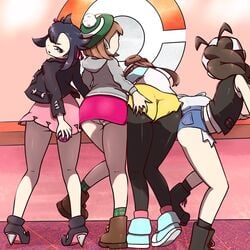 1:1_aspect_ratio 4girls ass ass_grab bare_arms bare_legs bare_shoulders black_hair black_jacket black_legwear black_pantyhose boots brown_footwear brown_hair denim denim_shorts female female_only female_pervert from_behind gloria_(pokemon) groping hat hilda_(pokemon) hoodie human jacket laced_boots legs long_sleeves looking_back marnie_(pokemon) microsd_(artist) multiple_girls nintendo panchira panchira_(standing) pantsu pantyhose pantyhose_under_shorts parted_lips pink_skirt pokemon pokemon_bw pokemon_bw2 pokemon_ss rosa_(pokemon) shiny shiny_clothes shiny_skin shoes shorts skirt spread_legs standing take_your_pick underwear upskirt yuri