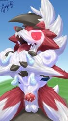 alolan_vulpix balls bodily_fluids cub cum cum_in_mouth cum_inside duo eparihser female feral furry genital_fluids genitals held_upside_down hi_res lycanroc male male/female midnight_lycanroc nintendo oral pokemon pokemon_(species) regional_form_(pokémon) tongue tongue_out video_games vulpix