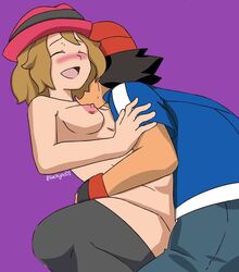 1boy 1girls ambiguous_penetration amourshipping ash_ketchum blackjoe01 breasts clothed_male_nude_female pokemon pokemon_xy satoshi_(pokemon) serena_(pokemon) thighhighs