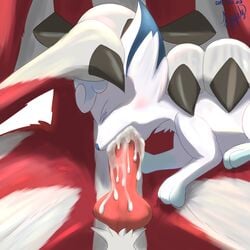 alolan_vulpix ambiguous_gender anthro anthro_on_feral blush bodily_fluids cub cum cum_in_mouth cum_inside duo eparihser feral genital_fluids hi_res interspecies knot lycanroc male midnight_lycanroc nintendo oral pokemon pokemon_(species) regional_form_(pokémon) size_difference video_games vulpix