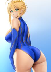 1girls artoria_pendragon artoria_pendragon_(lancer) ass bangs big_ass blonde_hair blue_background blue_gloves blue_legwear blue_leotard blush braid breasts crown crown_braid dat_ass fate/grand_order fate_(series) female female_ass female_only french_braid from_behind gloves gradient_background green_eyes highres large_breasts leotard looking_at_viewer looking_back shiny shiny_hair short_hair sidelocks skin_tight solo solo_female standing thick_thighs voluptuous yamaneko_(tkdrumsco)