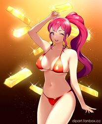 1girls anna_(fire_emblem) anna_(fire_emblem:_three_houses) bikini bikini_bottom bikini_top breasts dip_art female fire_emblem fire_emblem:_three_houses nintendo ponytail purple_eyes red_bikini red_hair sideboob solo solo_female white_skin winking