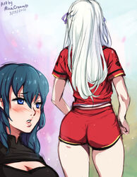 2girls ass bare_legs baseball_uniform blue_eyes blush breasts byleth_(fire_emblem) byleth_(fire_emblem)_(female) dated earrings edelgard_von_hresvelg female fire_emblem fire_emblem:_three_houses hair_ornament hair_ribbon jewelry large_breasts long_hair long_sleeves minacream multiple_girls ribbon short_hair shorts simple_background sportswear uniform white_hair yuri