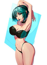 aqua_hair armpits arms_above_head arms_behind_head black_hair bra choker cleavage green_eyes green_hair gwen_(tdi) hi_res lipstick nail_polish navel pinup pose short_hair solo solo_focus standing thong total_drama_island two_tone_hair xdtopsu01